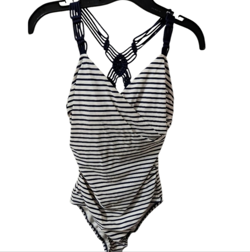 Cupshe Kona Sol Striped Blue White One Piece Swimsuit NEW